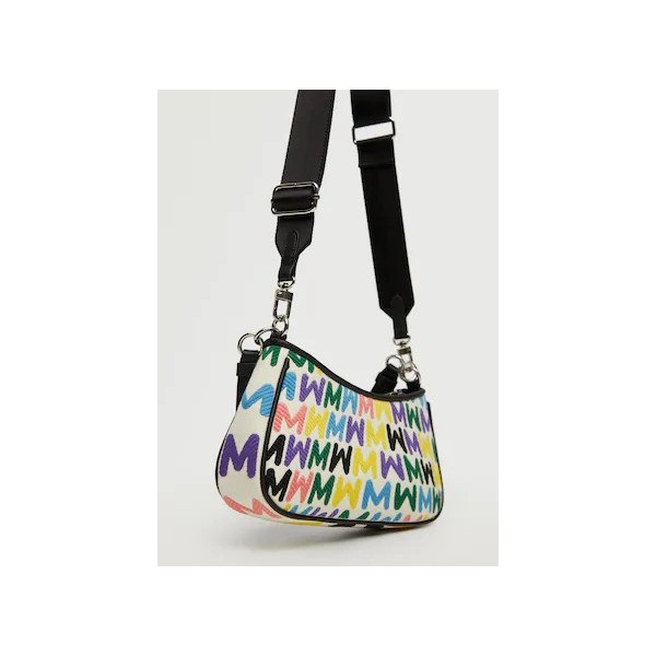 کیف دوشی زنانه مانگو مدل پارچه ای با طرح لوگو رنگی